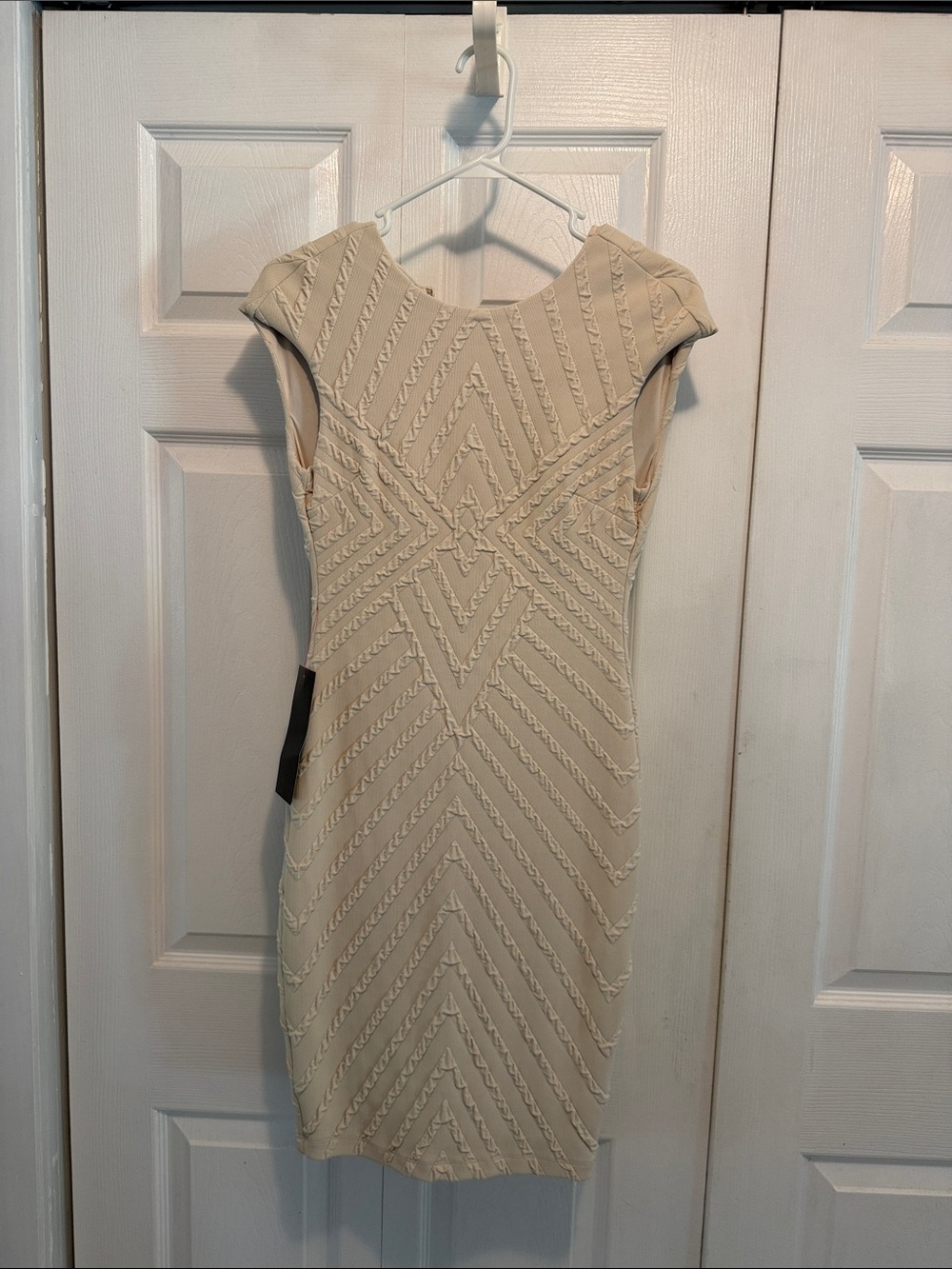 bebe Ivory Textured Cap-Sleeve Midi Sheath Dress